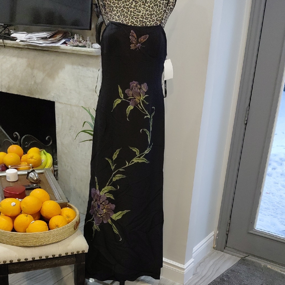100% Silk Mon Cheri Black Maxi Dress with Purple Floral Design
